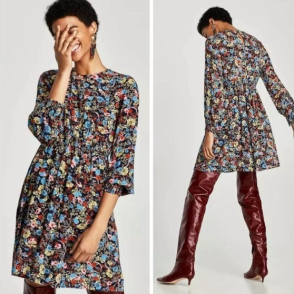 𝅺ZARA Basic floral printed long sleeve dress sz Small - Picture 1 of 11